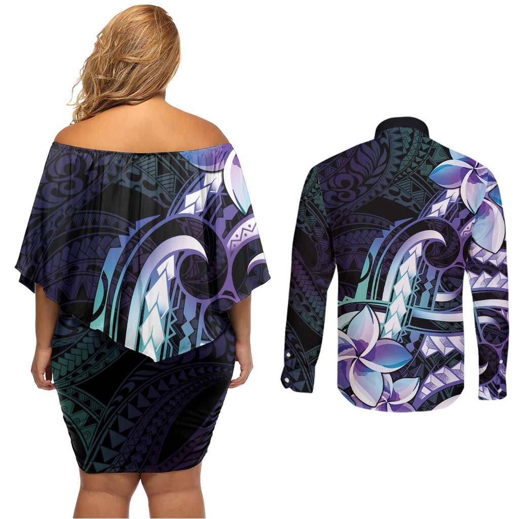 Polynesian Art Tattoo Couples Matching Off Shoulder Short Dress and Long Sleeve Button Shirt Plumeria Flowers Turquoise Gradient LT05 - Polynesian Pride