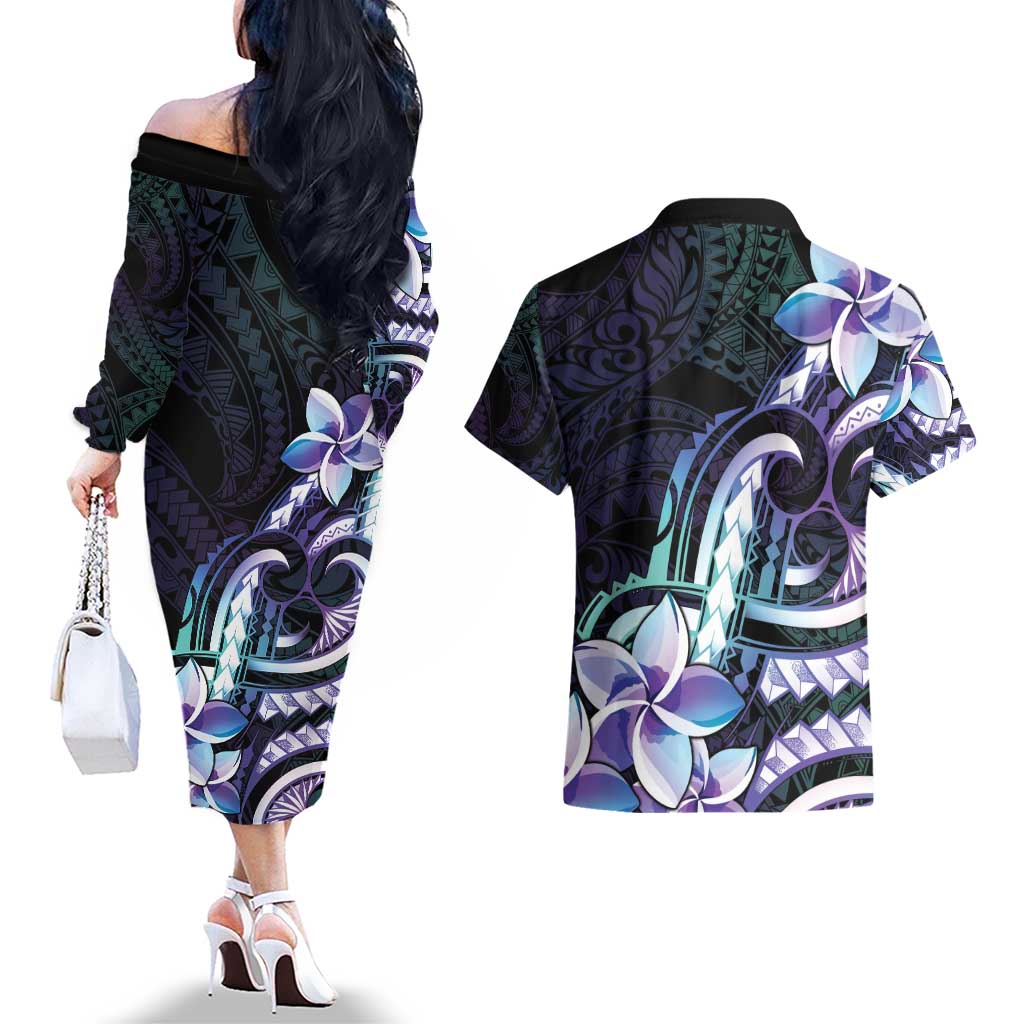 Polynesian Art Tattoo Couples Matching Off The Shoulder Long Sleeve Dress and Hawaiian Shirt Plumeria Flowers Turquoise Gradient