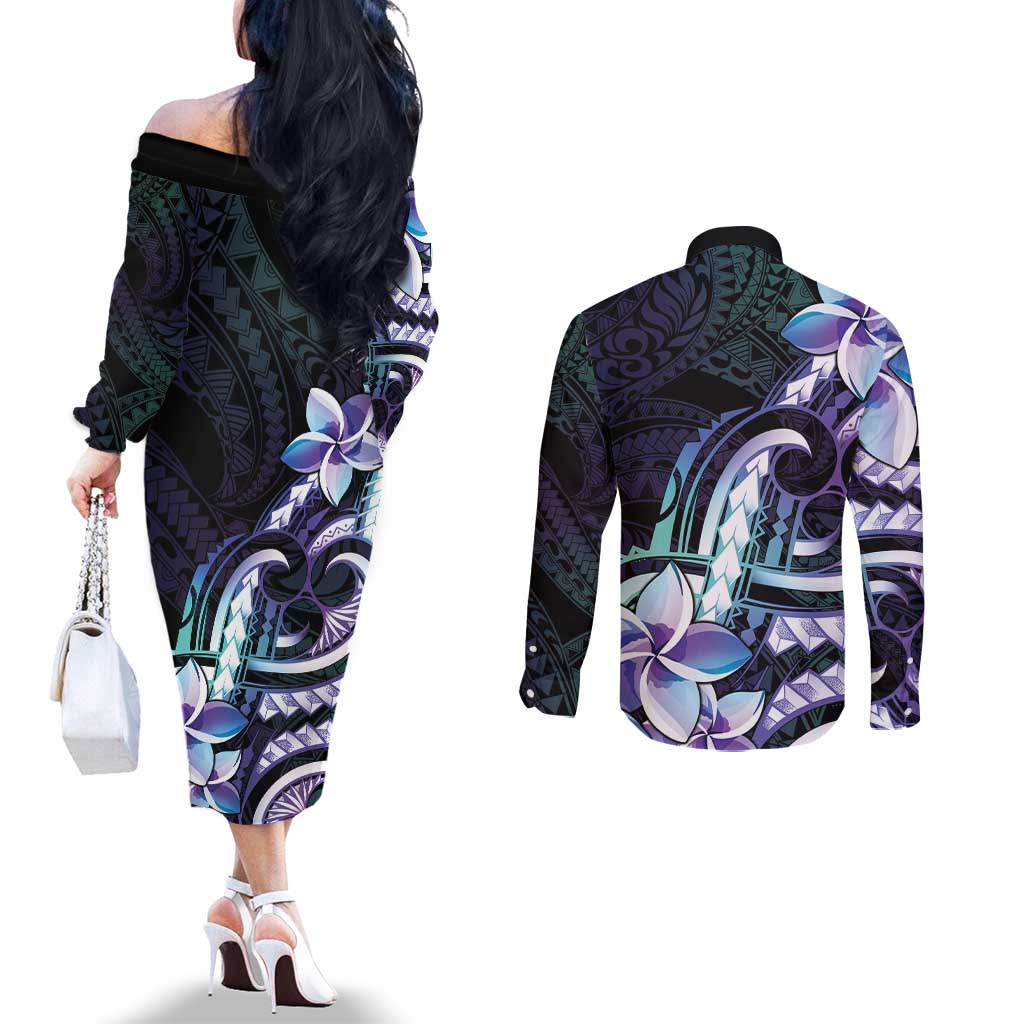 Polynesian Art Tattoo Couples Matching Off The Shoulder Long Sleeve Dress and Long Sleeve Button Shirt Plumeria Flowers Turquoise Gradient LT05 - Polynesian Pride