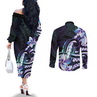 Polynesian Art Tattoo Couples Matching Off The Shoulder Long Sleeve Dress and Long Sleeve Button Shirt Plumeria Flowers Turquoise Gradient LT05 - Polynesian Pride