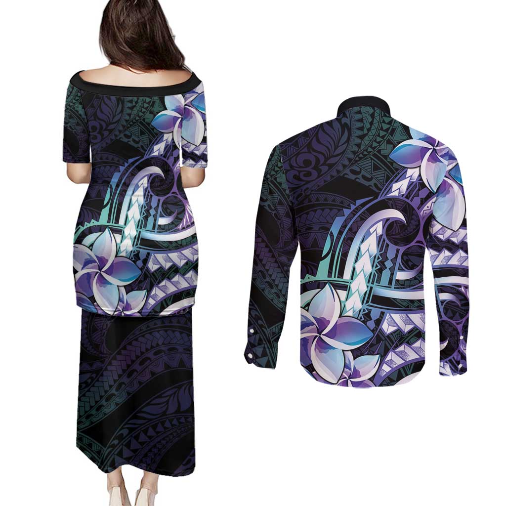 Polynesian Art Tattoo Couples Matching Puletasi and Long Sleeve Button Shirt Plumeria Flowers Turquoise Gradient