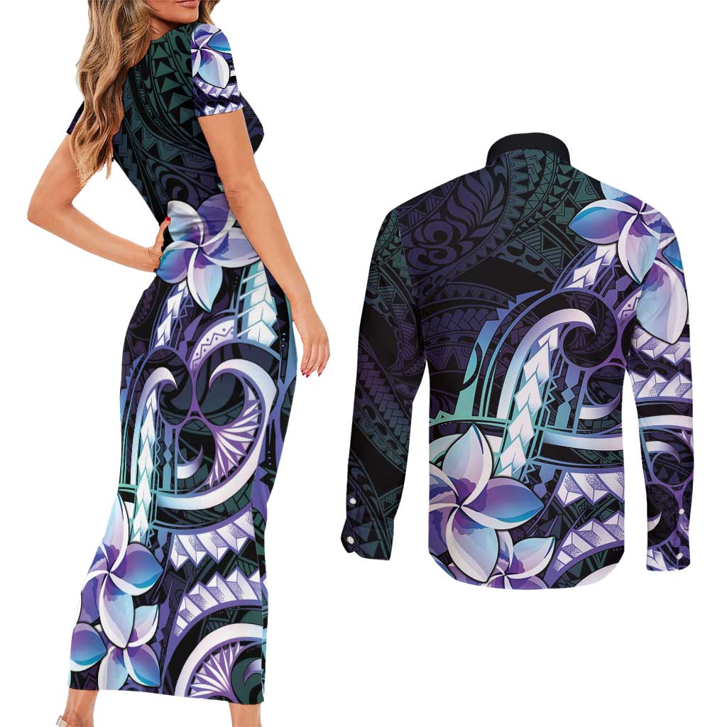 Polynesian Art Tattoo Couples Matching Short Sleeve Bodycon Dress and Long Sleeve Button Shirt Plumeria Flowers Turquoise Gradient LT05 - Polynesian Pride