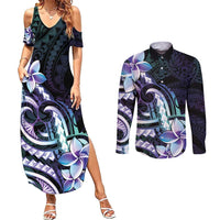 Polynesian Art Tattoo Couples Matching Summer Maxi Dress and Long Sleeve Button Shirt Plumeria Flowers Turquoise Gradient LT05 Turquoise - Polynesian Pride