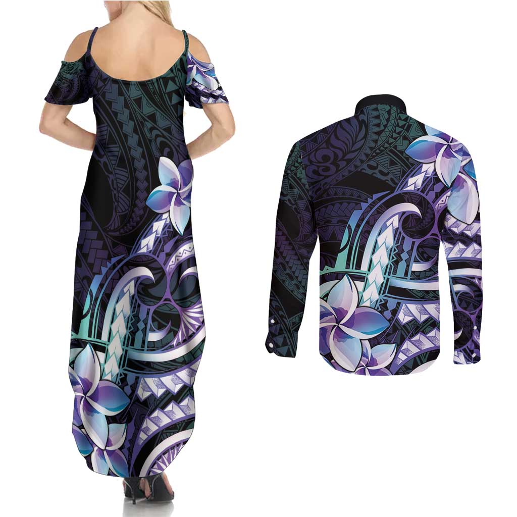 Polynesian Art Tattoo Couples Matching Summer Maxi Dress and Long Sleeve Button Shirt Plumeria Flowers Turquoise Gradient LT05 - Polynesian Pride