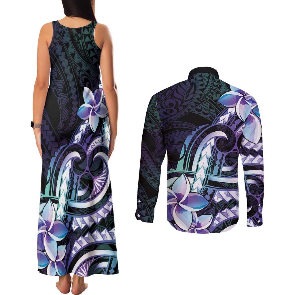 Polynesian Art Tattoo Couples Matching Tank Maxi Dress and Long Sleeve Button Shirt Plumeria Flowers Turquoise Gradient LT05 - Polynesian Pride