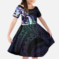 Polynesian Art Tattoo Family Matching Mermaid Dress and Hawaiian Shirt Plumeria Flowers Turquoise Gradient LT05 Daughter's Dress Turquoise - Polynesian Pride