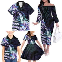 Polynesian Art Tattoo Family Matching Off The Shoulder Long Sleeve Dress and Hawaiian Shirt Plumeria Flowers Turquoise Gradient