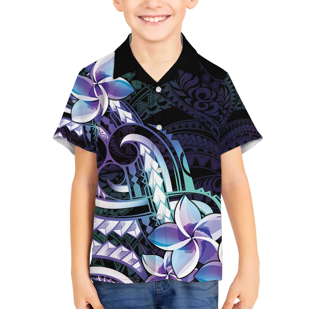 Polynesian Art Tattoo Family Matching Off The Shoulder Long Sleeve Dress and Hawaiian Shirt Plumeria Flowers Turquoise Gradient