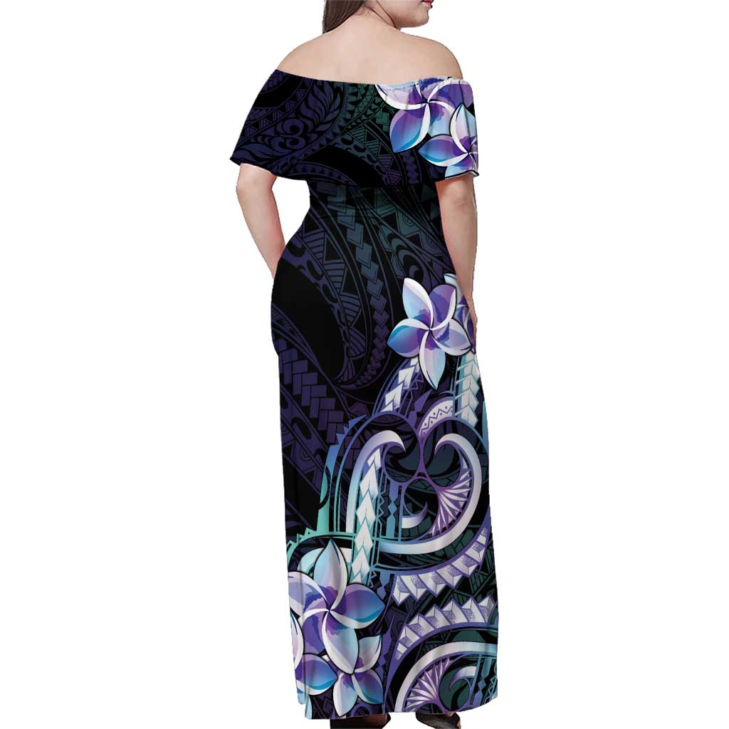 Polynesian Art Tattoo Family Matching Off Shoulder Maxi Dress and Hawaiian Shirt Plumeria Flowers Turquoise Gradient