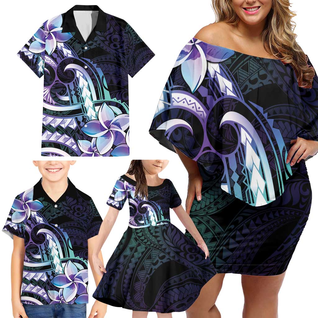 Polynesian Art Tattoo Family Matching Off Shoulder Short Dress and Hawaiian Shirt Plumeria Flowers Turquoise Gradient