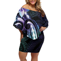 Polynesian Art Tattoo Family Matching Off Shoulder Short Dress and Hawaiian Shirt Plumeria Flowers Turquoise Gradient