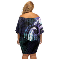 Polynesian Art Tattoo Family Matching Off Shoulder Short Dress and Hawaiian Shirt Plumeria Flowers Turquoise Gradient
