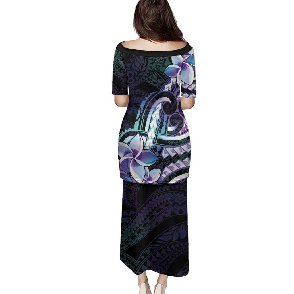 Polynesian Art Tattoo Family Matching Puletasi and Hawaiian Shirt Plumeria Flowers Turquoise Gradient LT05 - Polynesian Pride