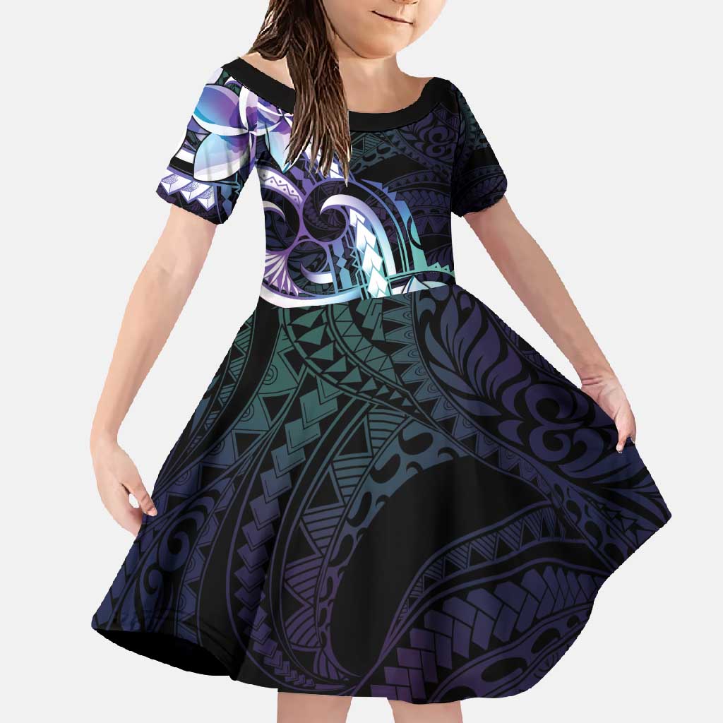 Polynesian Art Tattoo Family Matching Summer Maxi Dress and Hawaiian Shirt Plumeria Flowers Turquoise Gradient