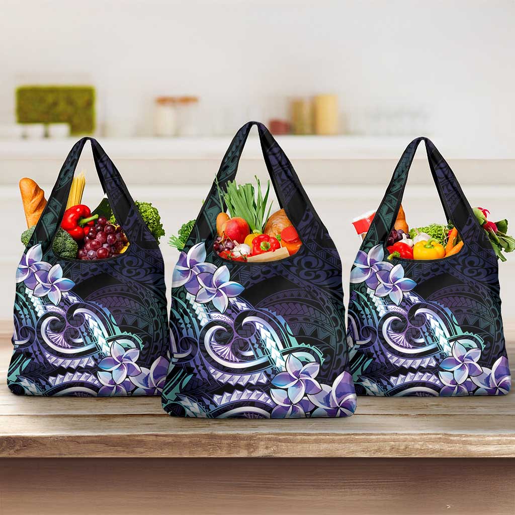 Polynesian Art Tattoo Grocery Bag Plumeria Flowers Turquoise Gradient LT05 3-pack One Size Turquoise - Polynesian Pride
