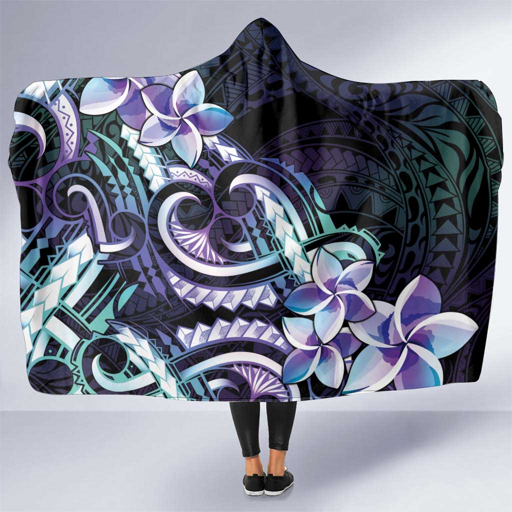 Polynesian Art Tattoo Hooded Blanket Plumeria Flowers Turquoise Gradient