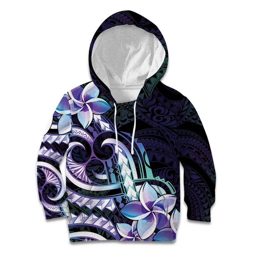 Polynesian Art Tattoo Kid Hoodie Plumeria Flowers Turquoise Gradient