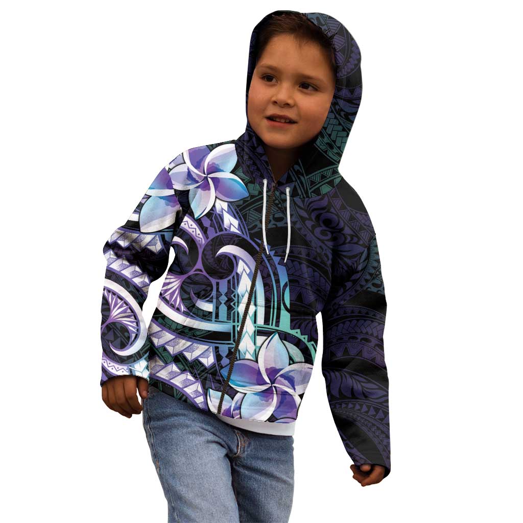Polynesian Art Tattoo Kid Hoodie Plumeria Flowers Turquoise Gradient