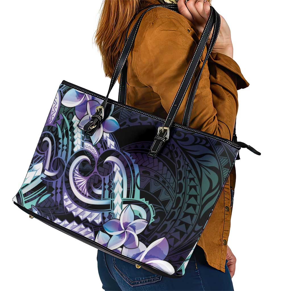 Polynesian Art Tattoo Leather Tote Bag Plumeria Flowers Turquoise Gradient LT05 - Polynesian Pride