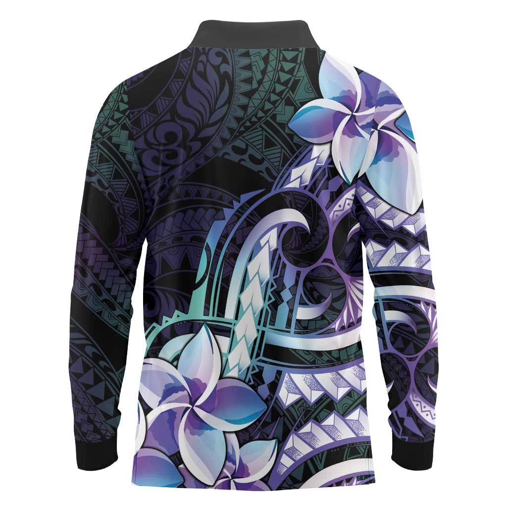 Polynesian Art Tattoo Long Sleeve Polo Shirt Plumeria Flowers Turquoise Gradient LT05 - Polynesian Pride