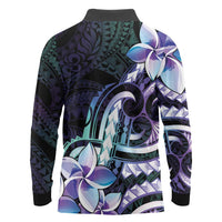 Polynesian Art Tattoo Long Sleeve Polo Shirt Plumeria Flowers Turquoise Gradient LT05 - Polynesian Pride