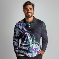 Polynesian Art Tattoo Long Sleeve Polo Shirt Plumeria Flowers Turquoise Gradient LT05 - Polynesian Pride