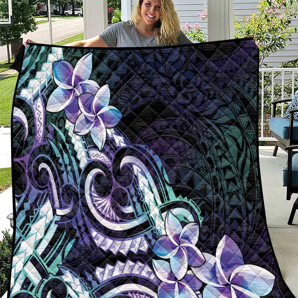 Polynesian Art Tattoo Quilt Plumeria Flowers Turquoise Gradient