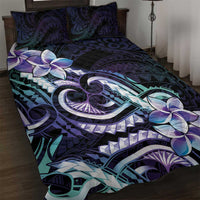 Polynesian Art Tattoo Quilt Bed Set Plumeria Flowers Turquoise Gradient