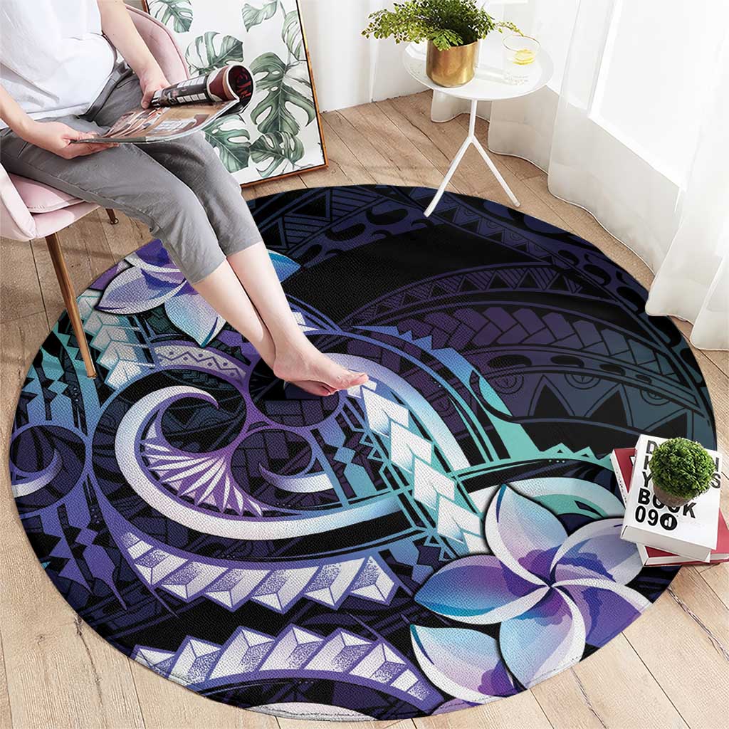 Polynesian Art Tattoo Round Carpet Plumeria Flowers Turquoise Gradient
