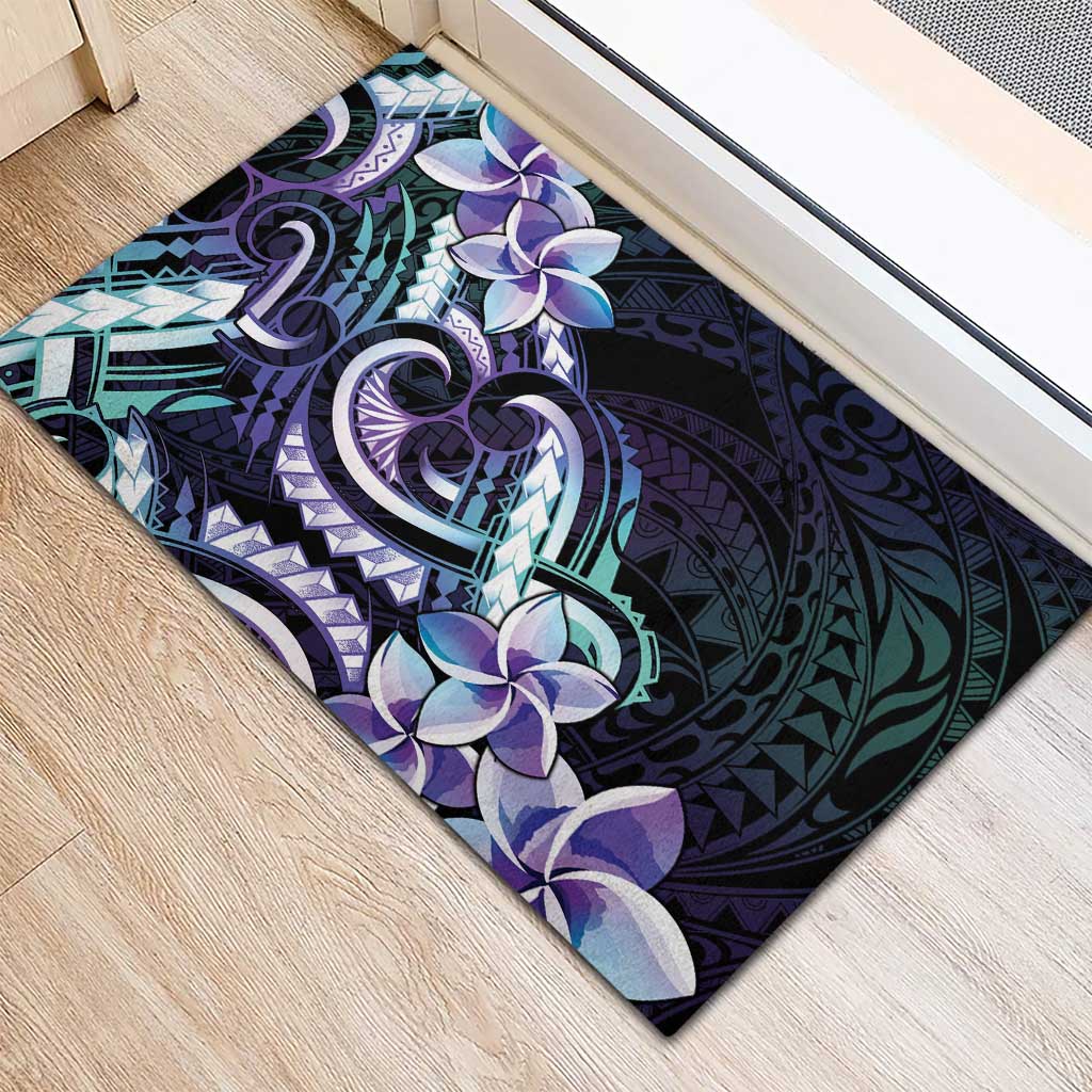 Polynesian Art Tattoo Rubber Doormat Plumeria Flowers Turquoise Gradient