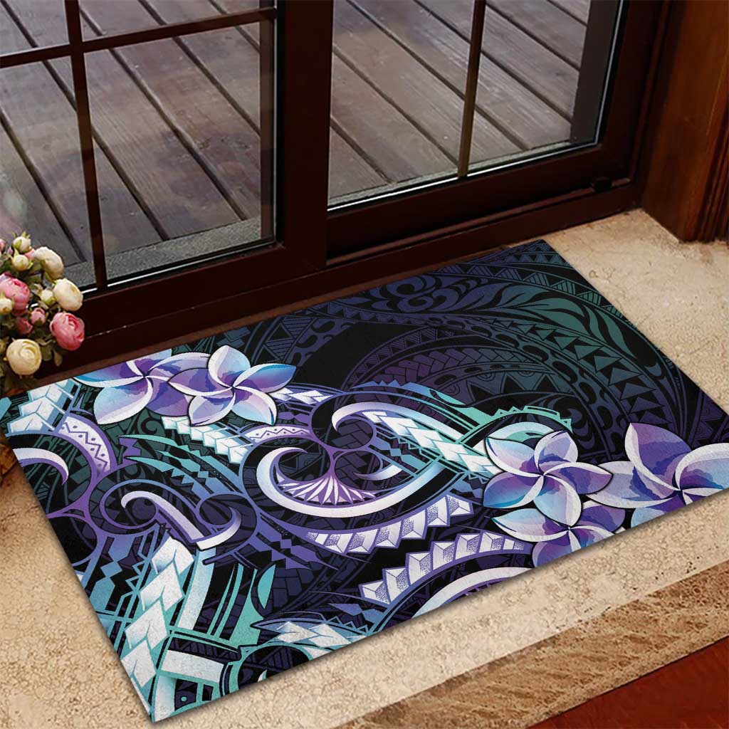 Polynesian Art Tattoo Rubber Doormat Plumeria Flowers Turquoise Gradient