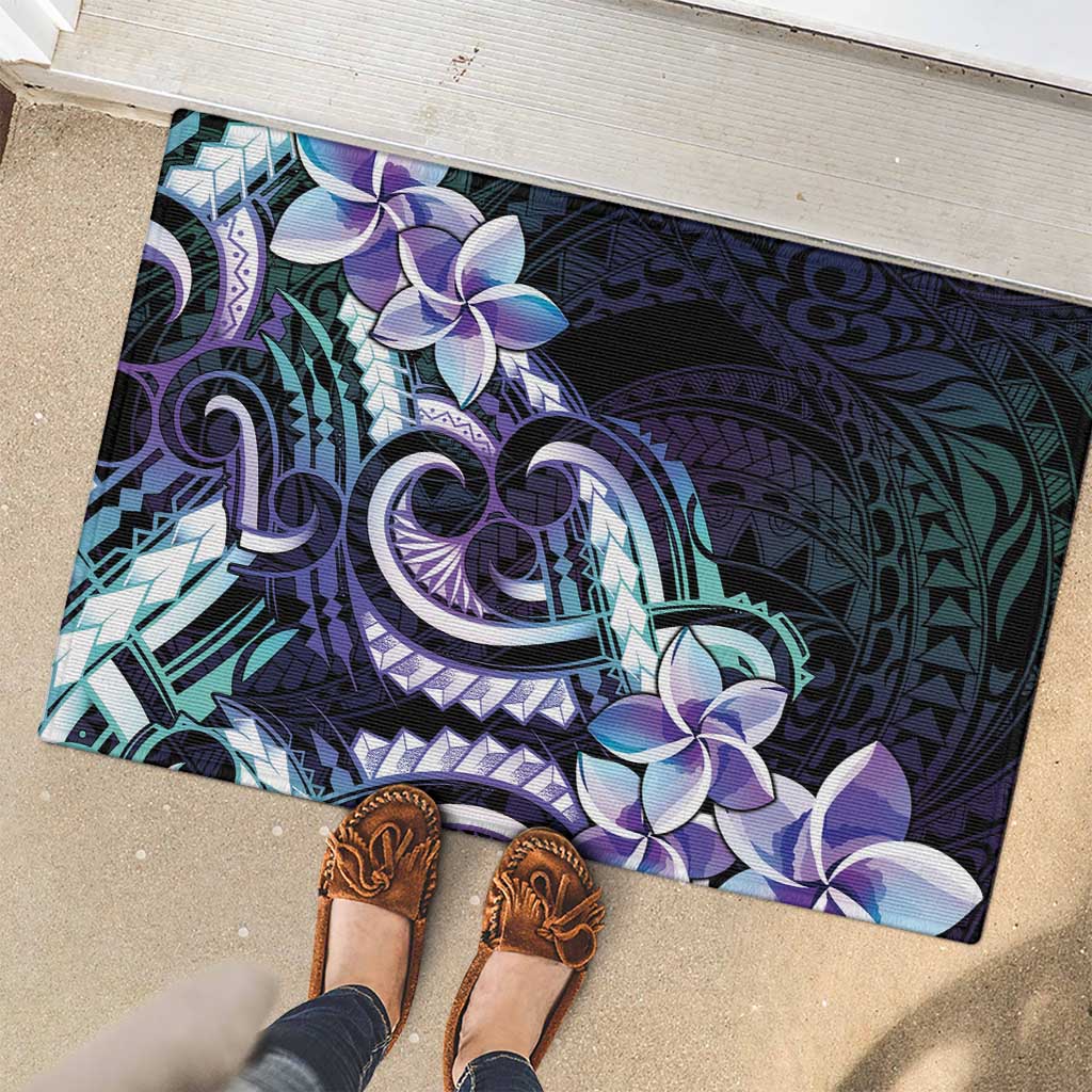 Polynesian Art Tattoo Rubber Doormat Plumeria Flowers Turquoise Gradient