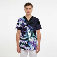 Polynesian Art Tattoo Scrub Top Plumeria Flowers Turquoise Gradient - Polynesian Pride