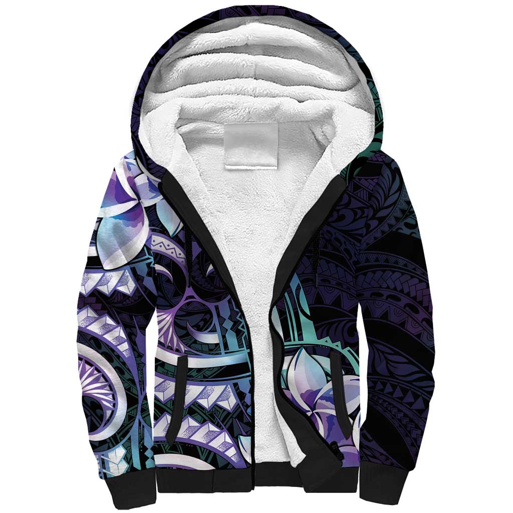Polynesian Art Tattoo Sherpa Hoodie Plumeria Flowers Turquoise Gradient