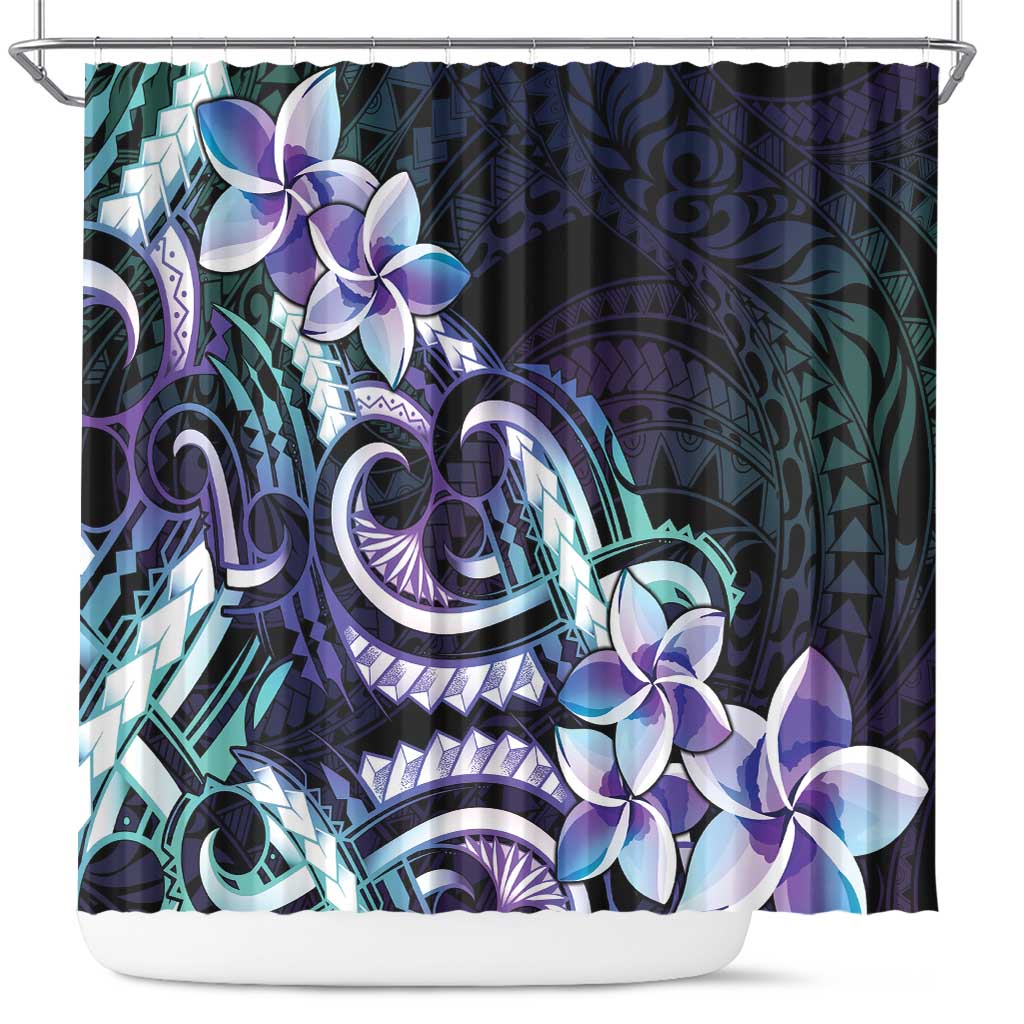 Polynesian Art Tattoo Shower Curtain Plumeria Flowers Turquoise Gradient