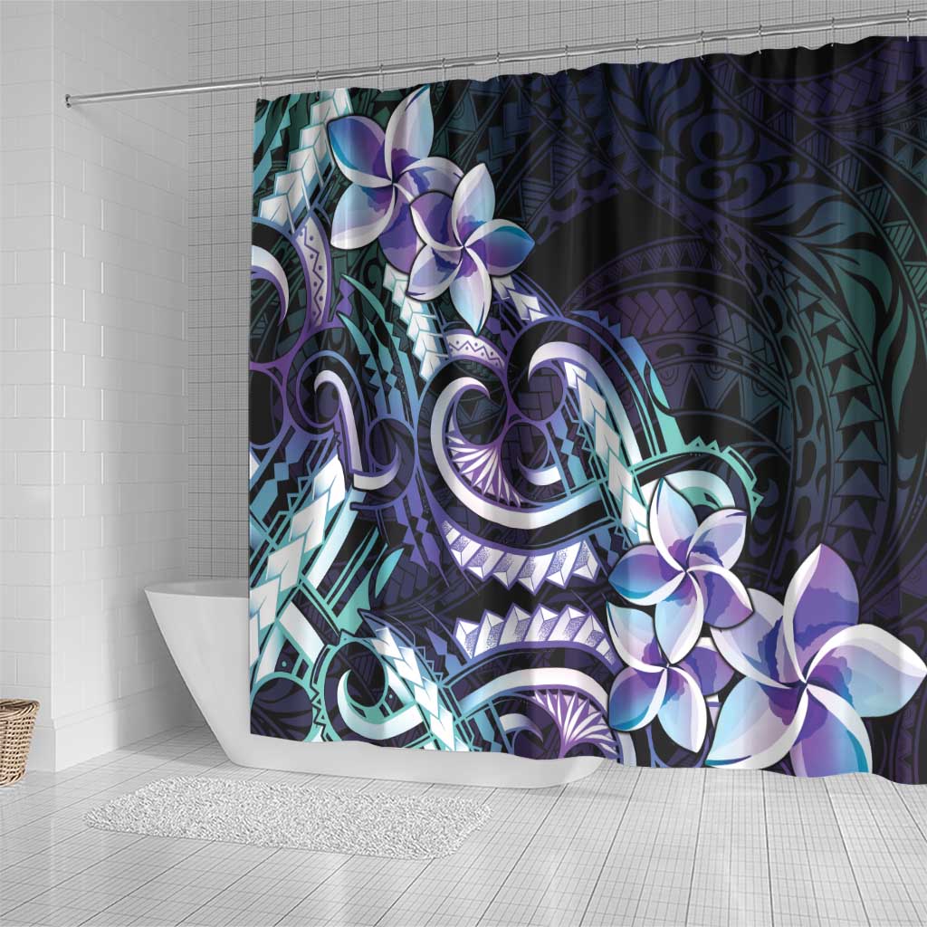 Polynesian Art Tattoo Shower Curtain Plumeria Flowers Turquoise Gradient