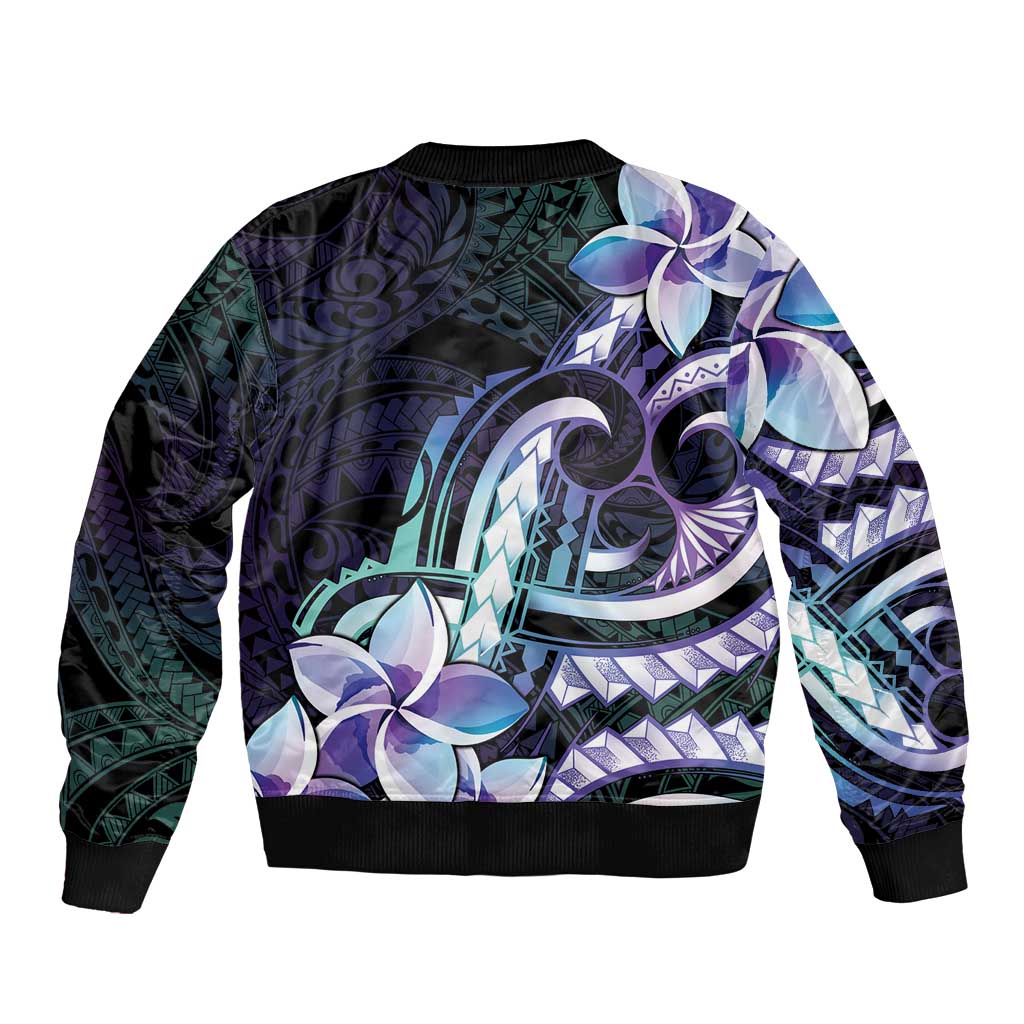 Polynesian Art Tattoo Sleeve Zip Bomber Jacket Plumeria Flowers Turquoise Gradient LT05 - Polynesian Pride