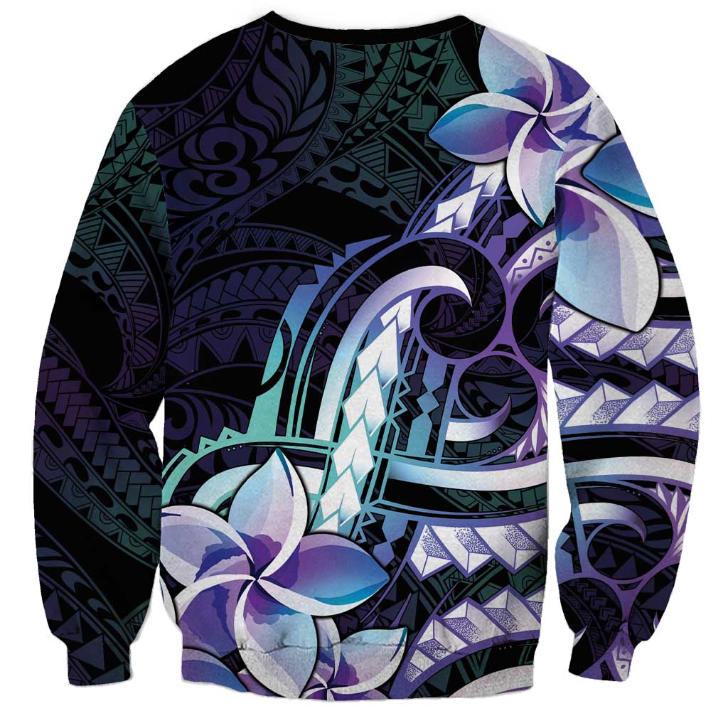 Polynesian Art Tattoo Sweatshirt Plumeria Flowers Turquoise Gradient