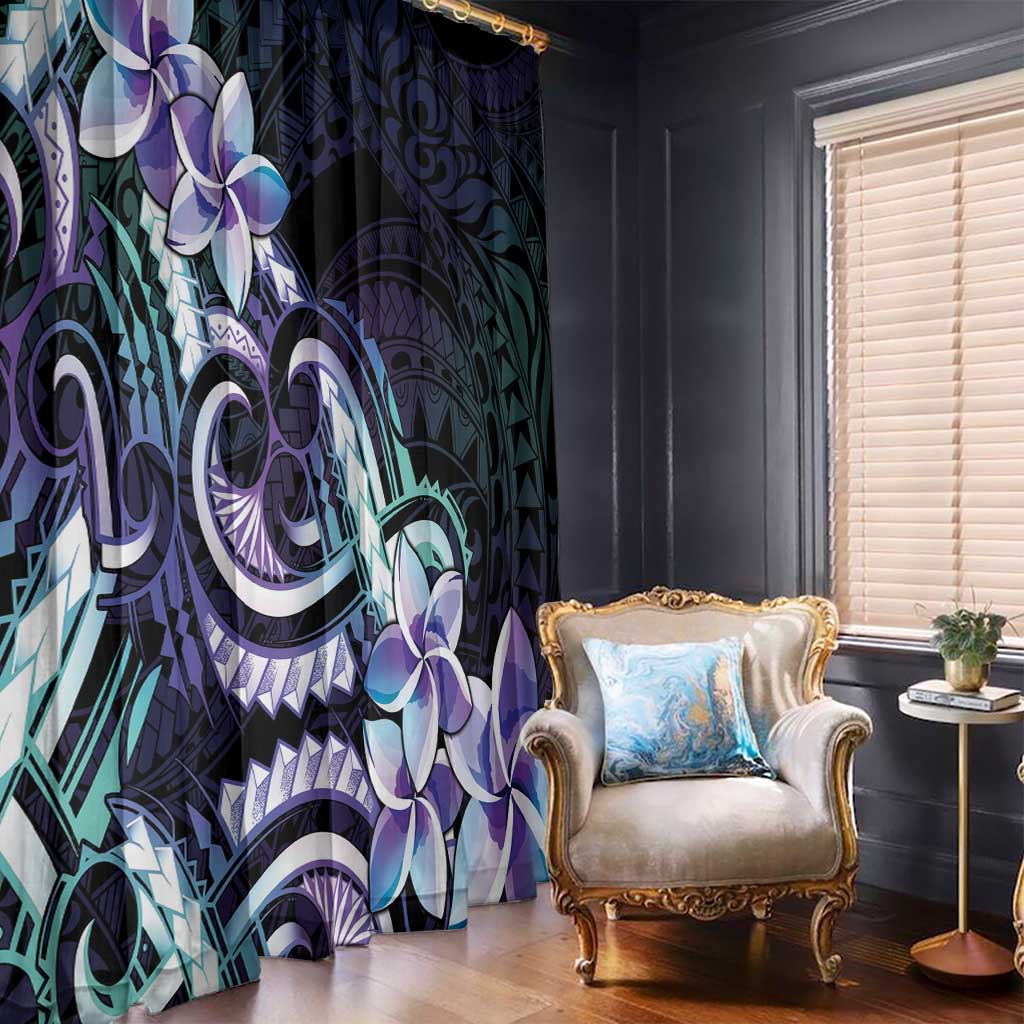 Polynesian Art Tattoo Window Curtain Plumeria Flowers Turquoise Gradient