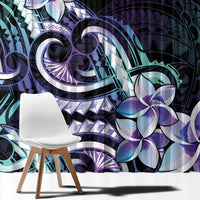 Polynesian Art Tattoo Window Curtain Plumeria Flowers Turquoise Gradient