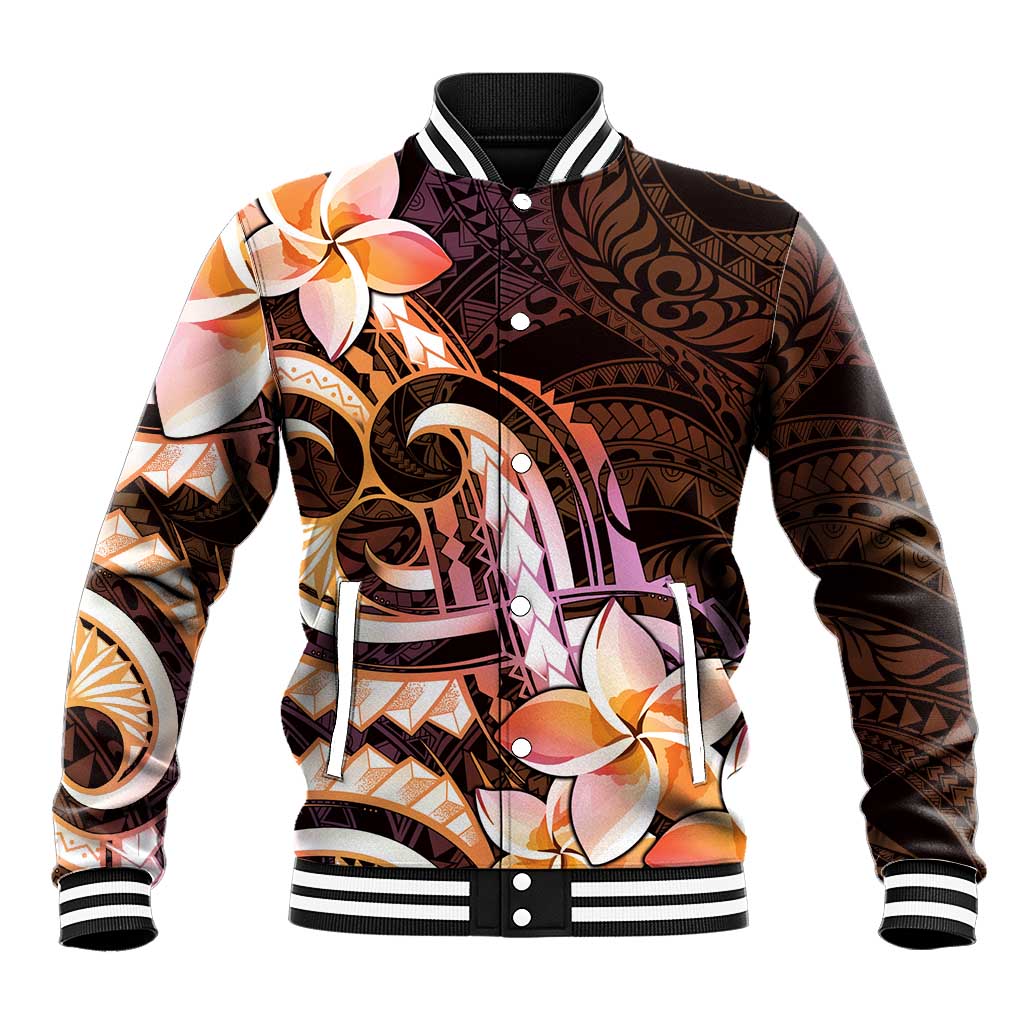 Polynesian Art Tattoo Baseball Jacket Plumeria Flowers Peach Gradient