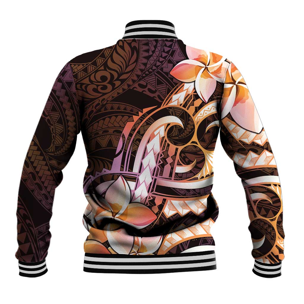 Polynesian Art Tattoo Baseball Jacket Plumeria Flowers Peach Gradient