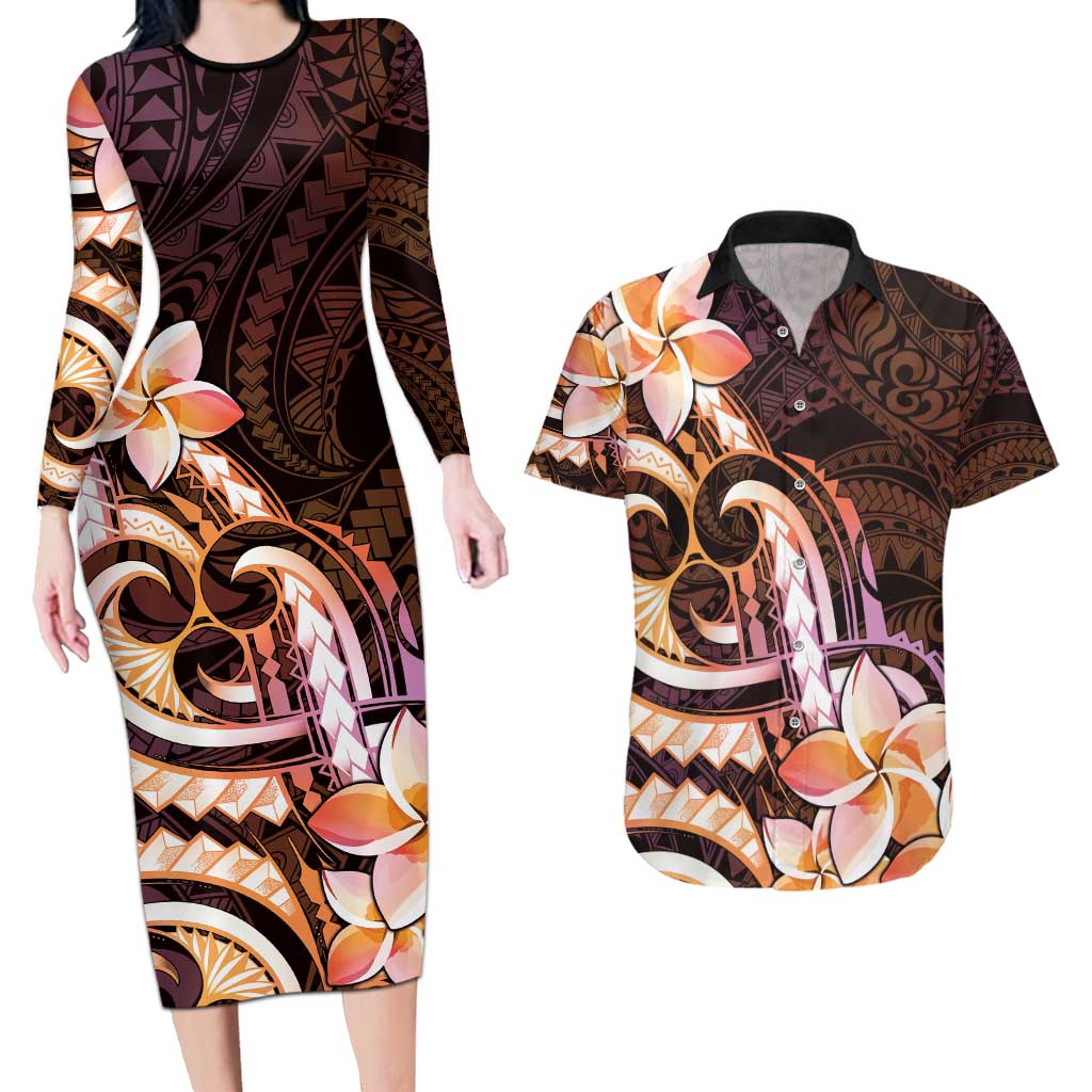 Polynesian Art Tattoo Couples Matching Long Sleeve Bodycon Dress and Hawaiian Shirt Plumeria Flowers Peach Gradient LT05 Peach - Polynesian Pride