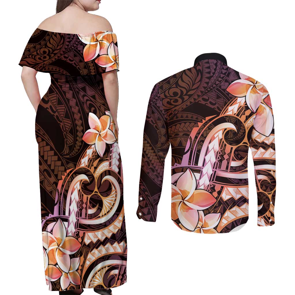 Polynesian Art Tattoo Couples Matching Off Shoulder Maxi Dress and Long Sleeve Button Shirt Plumeria Flowers Peach Gradient LT05 - Polynesian Pride