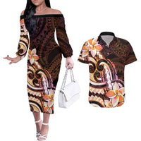 Polynesian Art Tattoo Couples Matching Off The Shoulder Long Sleeve Dress and Hawaiian Shirt Plumeria Flowers Peach Gradient