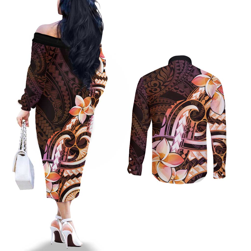 Polynesian Art Tattoo Couples Matching Off The Shoulder Long Sleeve Dress and Long Sleeve Button Shirt Plumeria Flowers Peach Gradient LT05 - Polynesian Pride