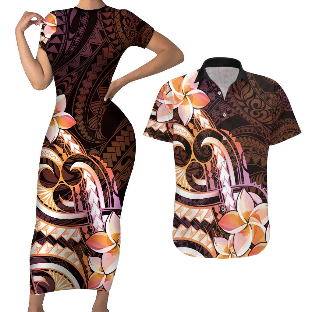 Polynesian Art Tattoo Couples Matching Short Sleeve Bodycon Dress and Hawaiian Shirt Plumeria Flowers Peach Gradient LT05 Peach - Polynesian Pride