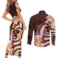 Polynesian Art Tattoo Couples Matching Short Sleeve Bodycon Dress and Long Sleeve Button Shirt Plumeria Flowers Peach Gradient LT05 - Polynesian Pride