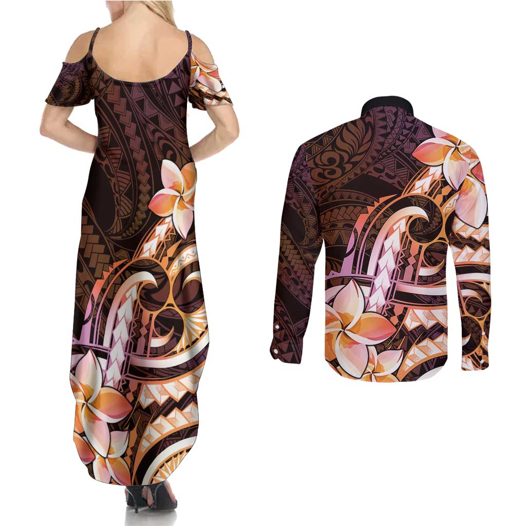 Polynesian Art Tattoo Couples Matching Summer Maxi Dress and Long Sleeve Button Shirt Plumeria Flowers Peach Gradient LT05 - Polynesian Pride
