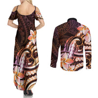 Polynesian Art Tattoo Couples Matching Summer Maxi Dress and Long Sleeve Button Shirt Plumeria Flowers Peach Gradient LT05 - Polynesian Pride